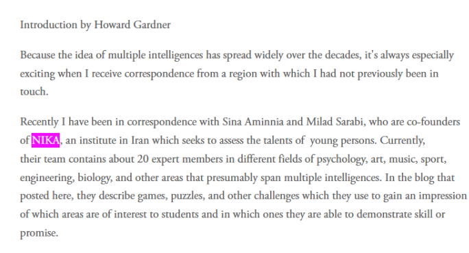 نام نیکا در سایت پروفسور گاردنر